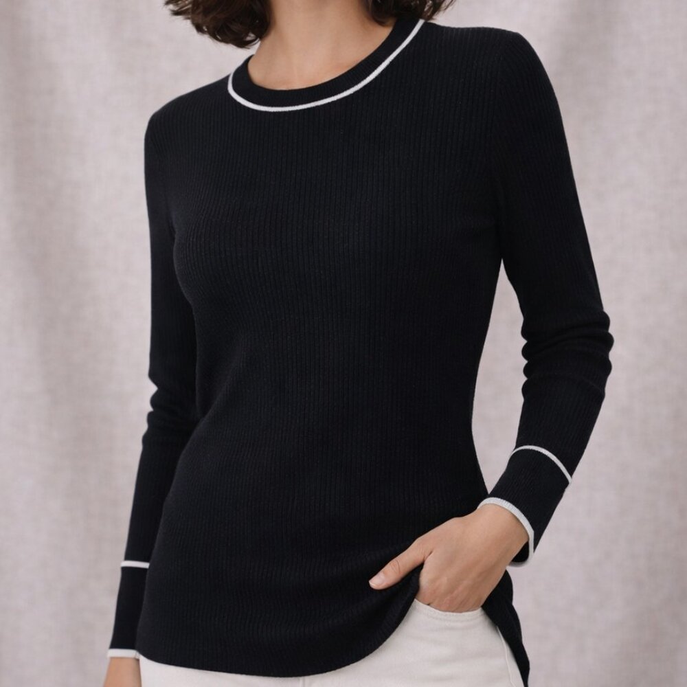 Veronica Beard Kinnie Ribbed Merino Wool Sweater Black Trim L
